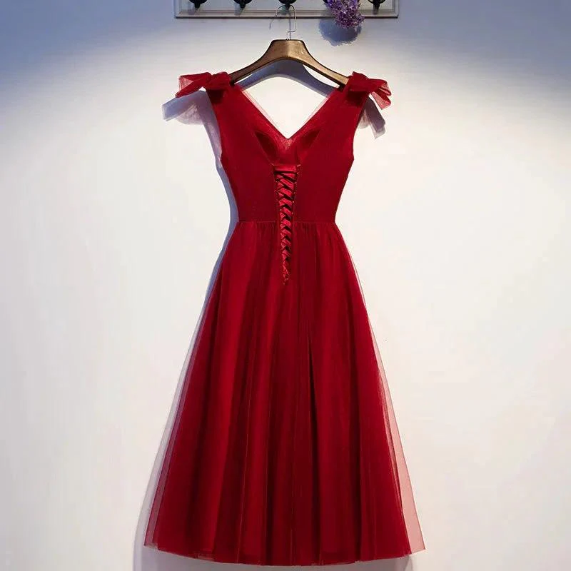 Burgundy v neck tulle short homecoming dress s95 - Image 2