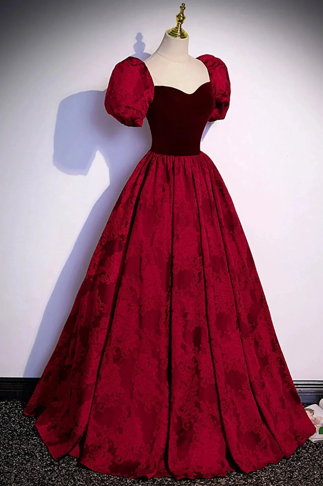 Burgundy velvet jacquard long prom dress evening dress s89 - Image 2