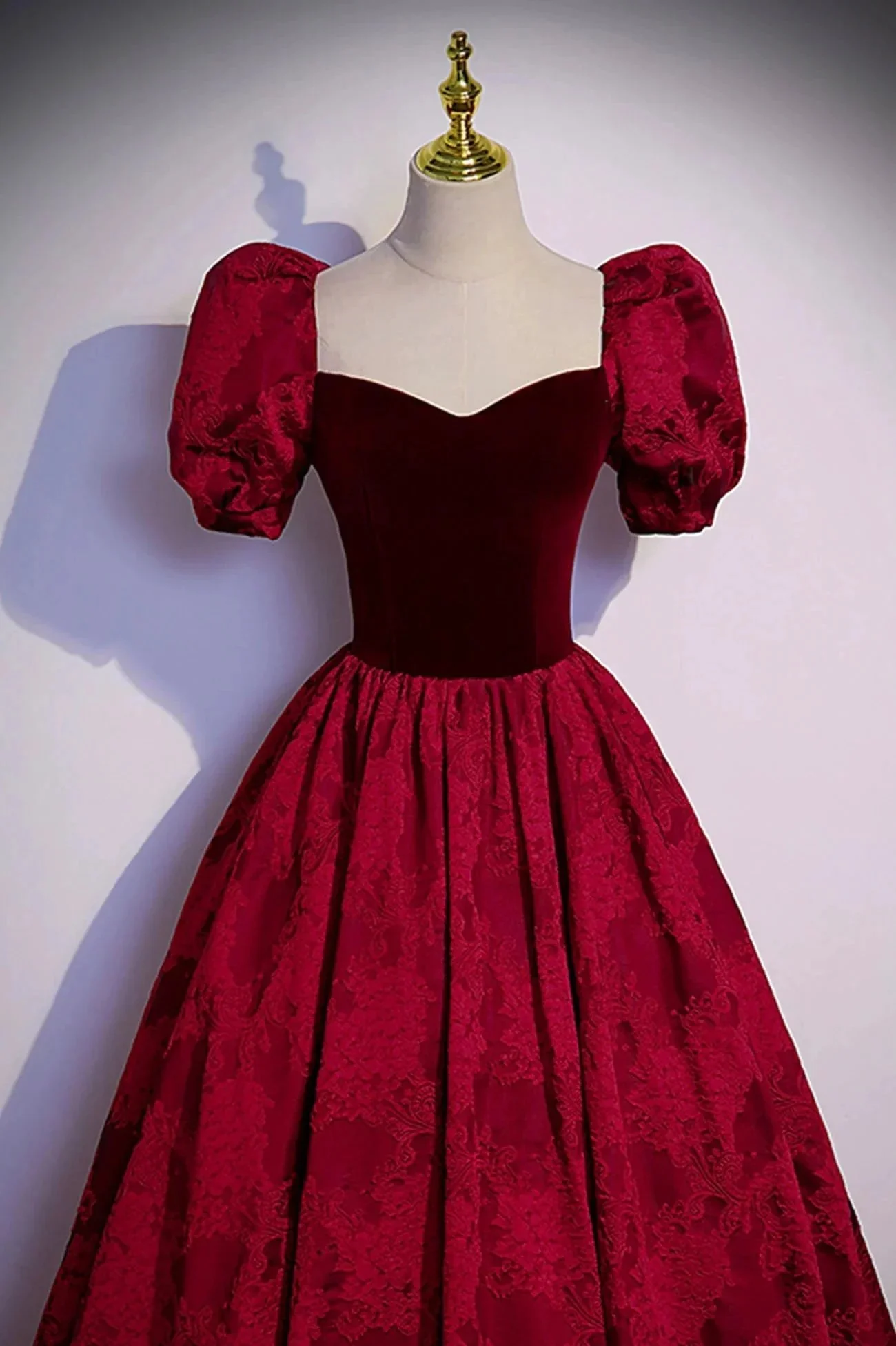 Burgundy velvet jacquard long prom dress evening dress s89 - Image 3