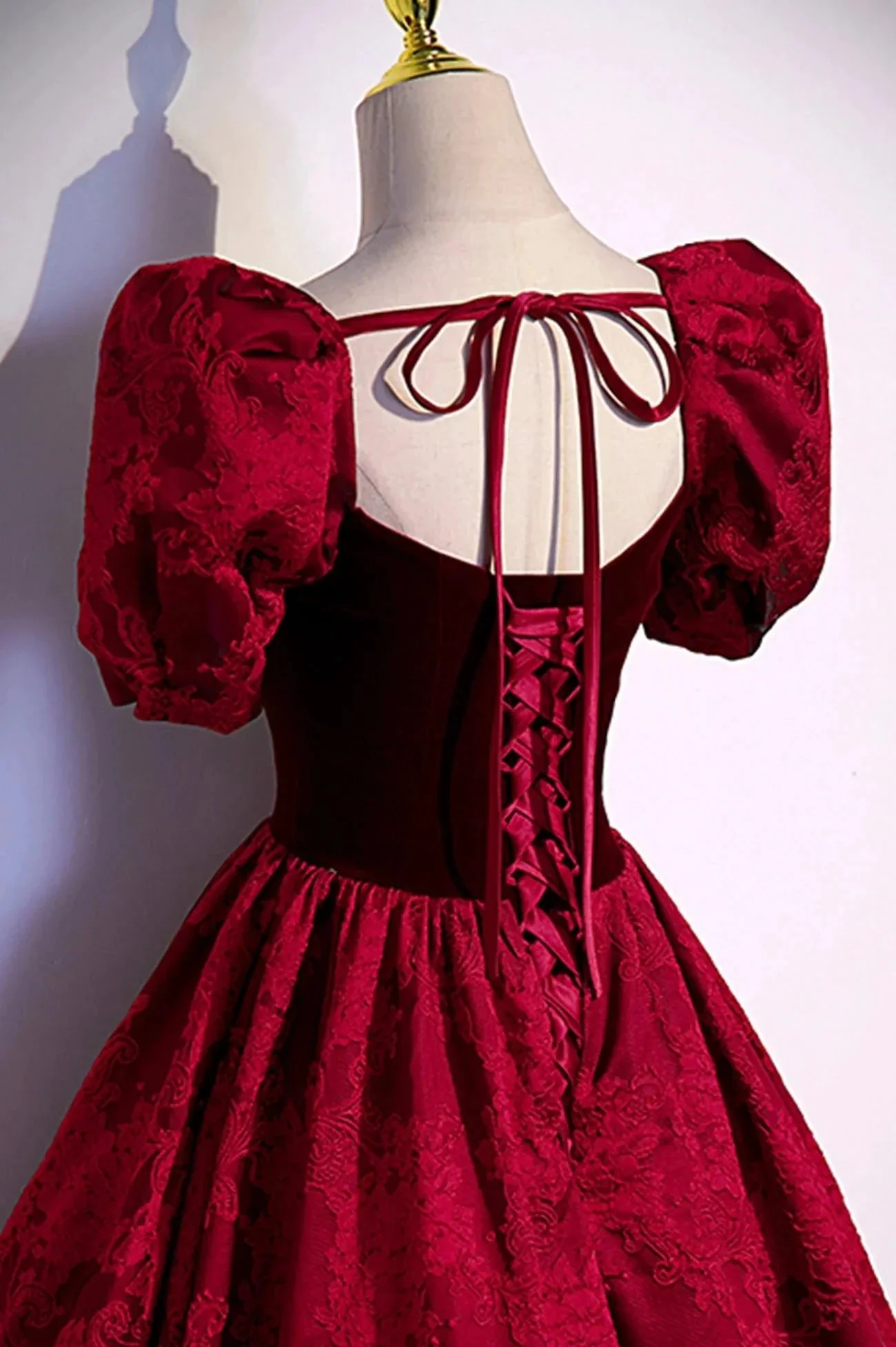 Burgundy velvet jacquard long prom dress evening dress s89 - Image 4