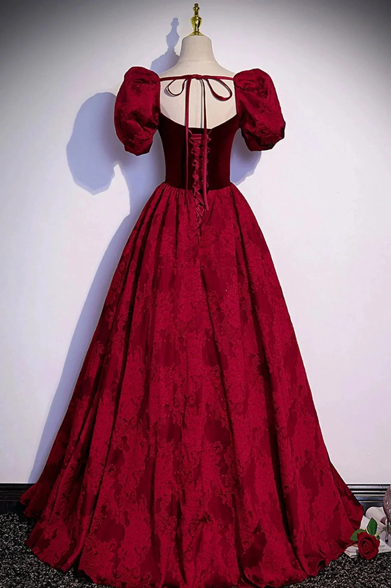 Burgundy velvet jacquard long prom dress evening dress s89 - Image 5