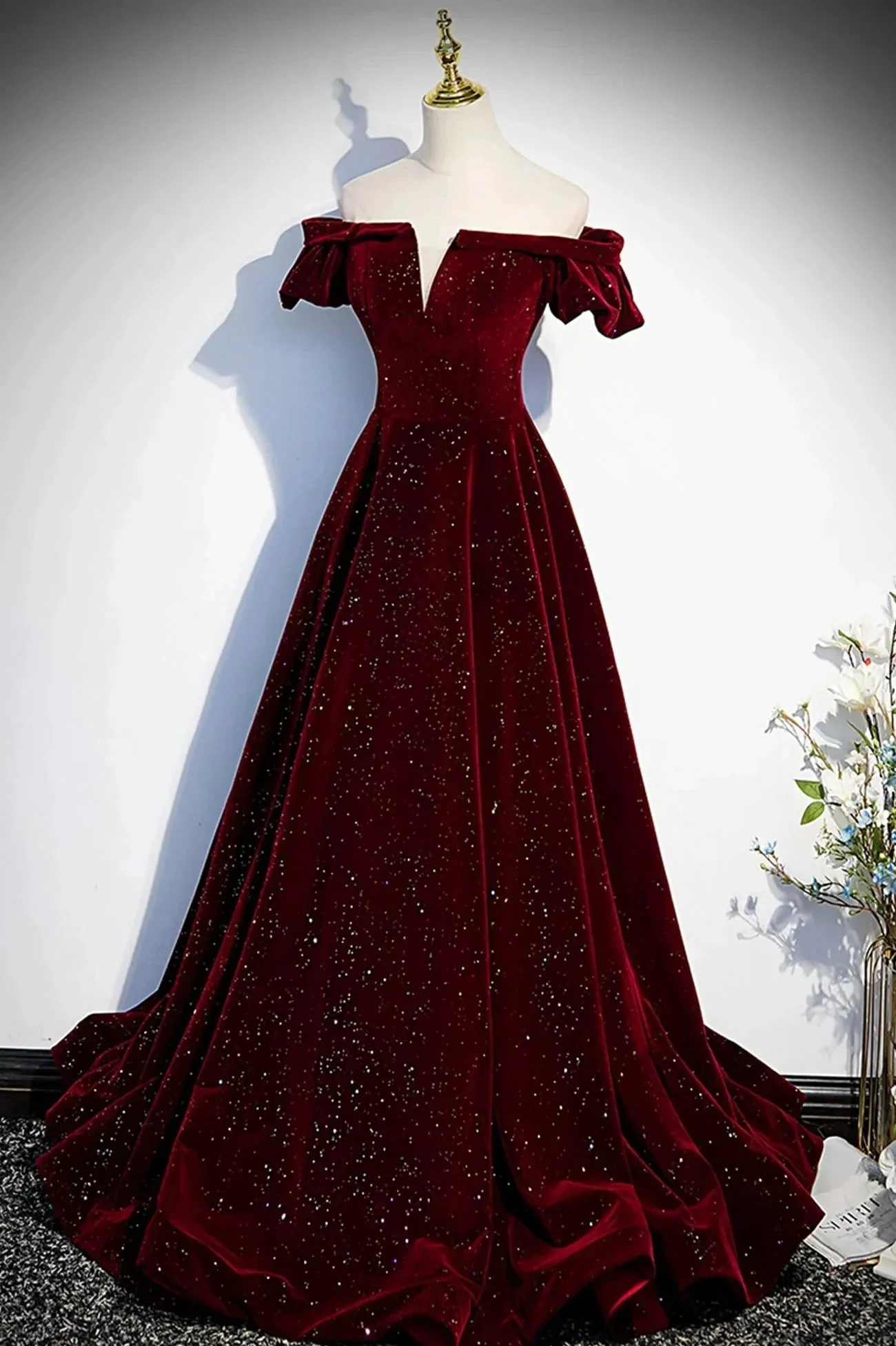 Burgundy velvet long prom dress A line evening dress s53 - Image 2