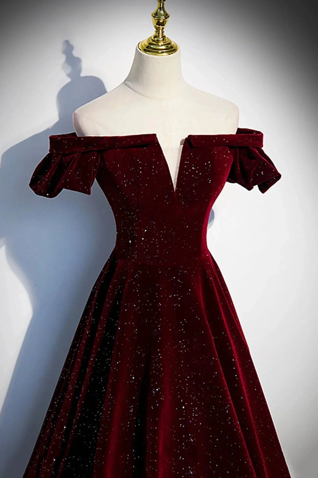 Burgundy velvet long prom dress A line evening dress s53 - Image 3