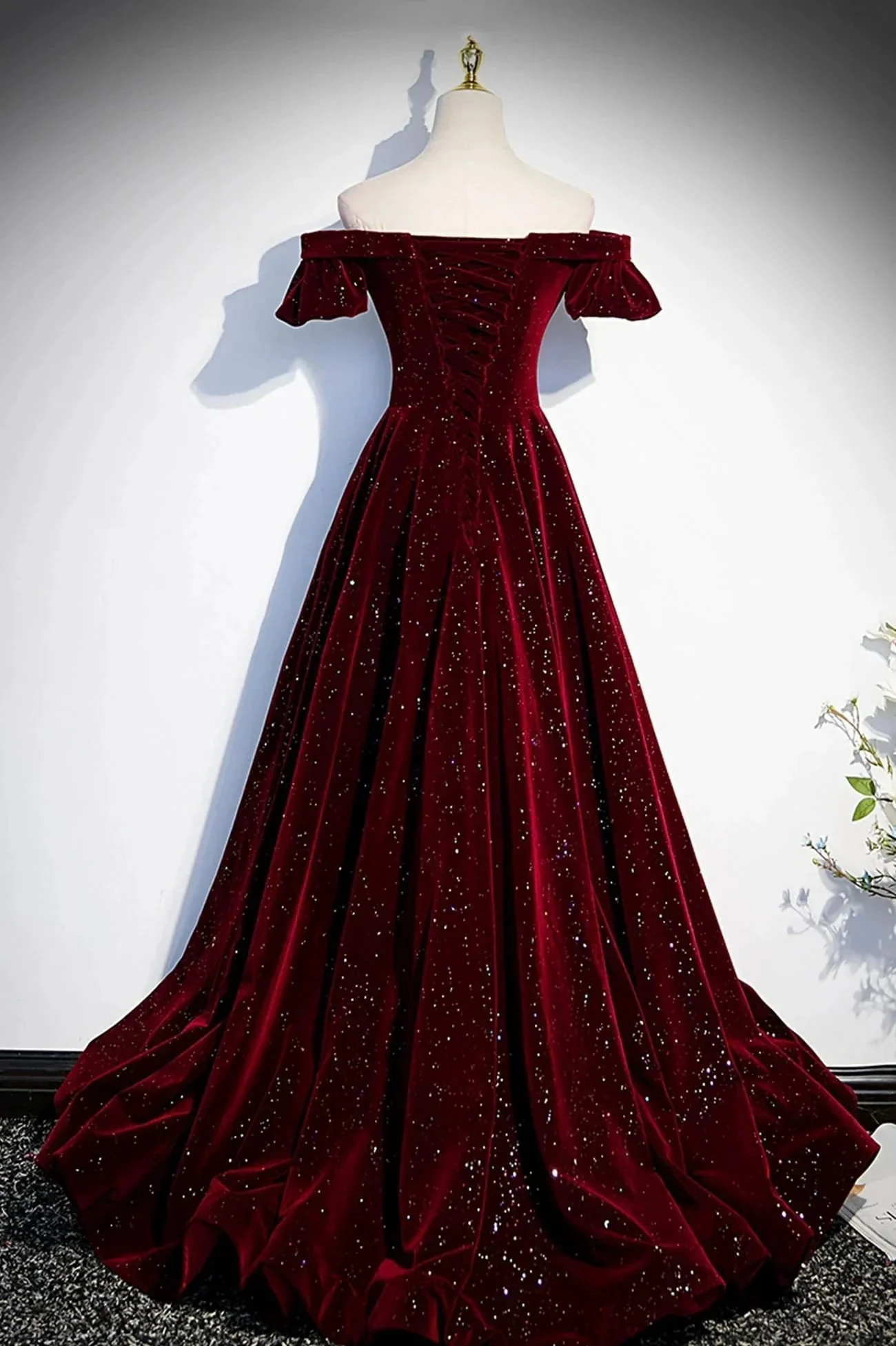 Burgundy velvet long prom dress A line evening dress s53 - Image 4