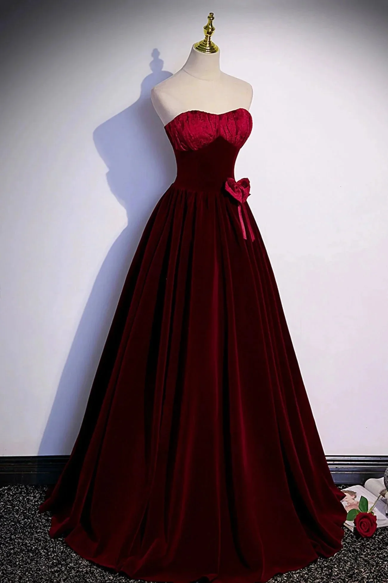 Burgundy velvet long prom dress A-line evening gown s86 - Image 2