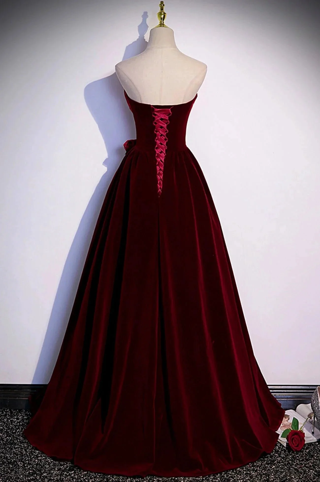 Burgundy velvet long prom dress A-line evening gown s86 - Image 3