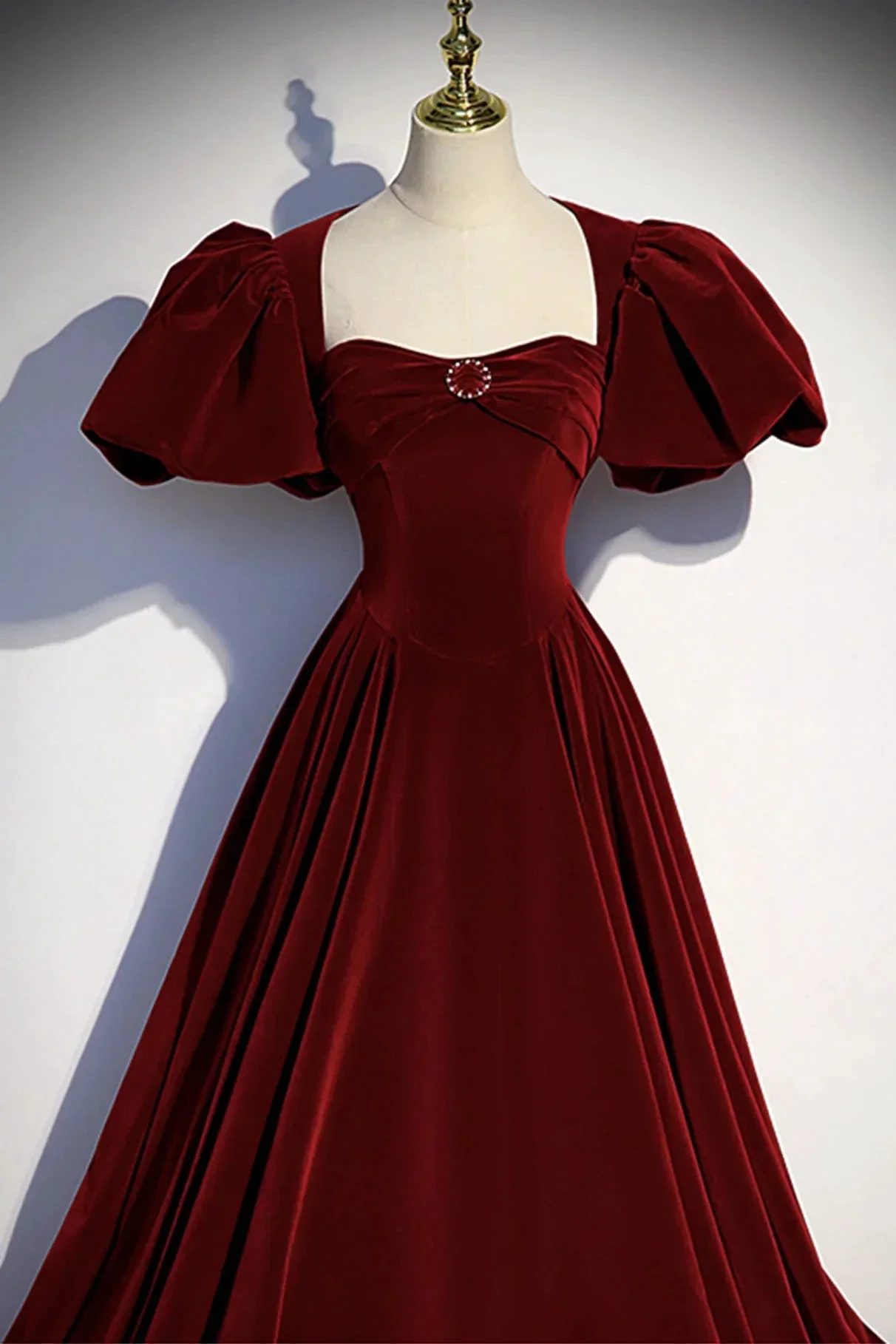 Burgundy velvet long prom dress evening dress Y4384 - Image 3