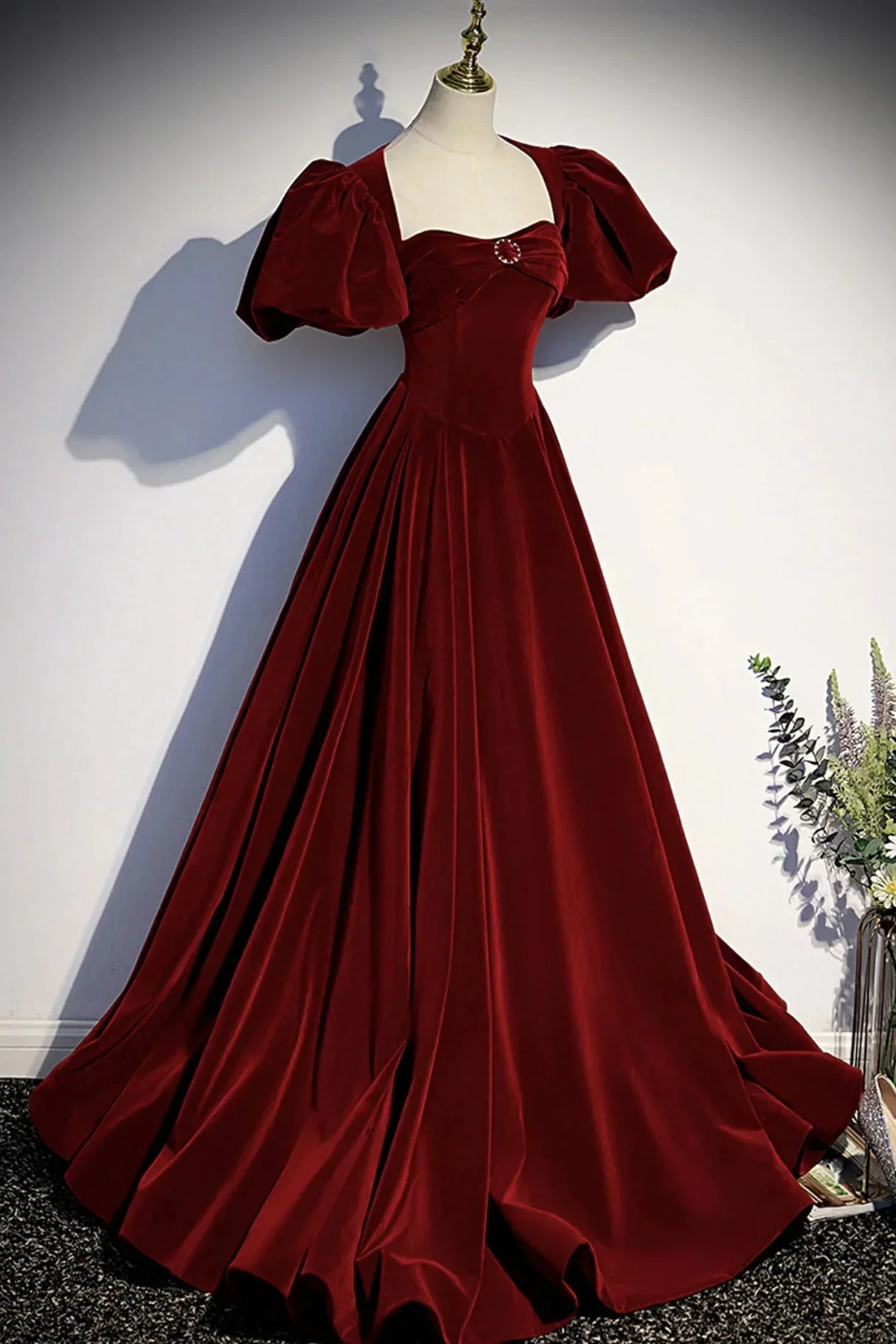 Burgundy velvet long prom dress evening dress Y4384 - Image 4