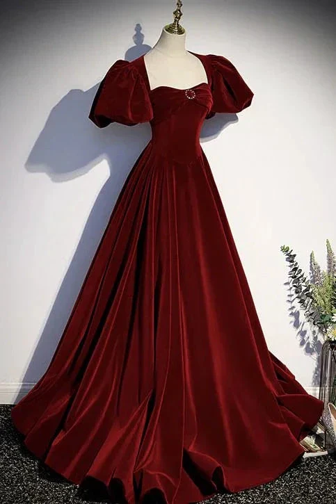 Burgundy velvet long prom dress evening dress Y6348 - Image 2