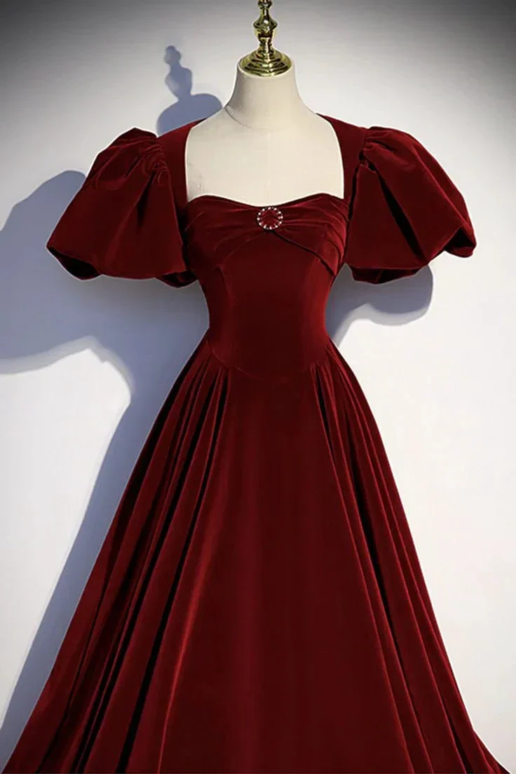 Burgundy velvet long prom dress evening dress Y6348 - Image 3