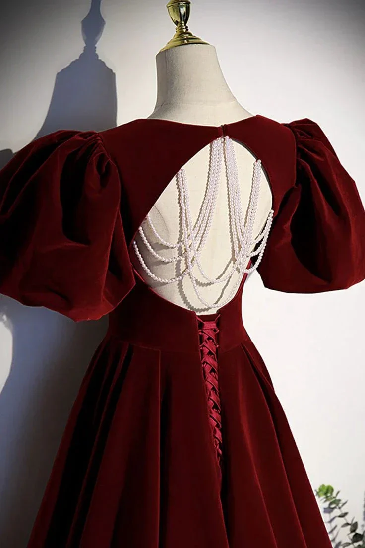 Burgundy velvet long prom dress evening dress Y6348 - Image 4