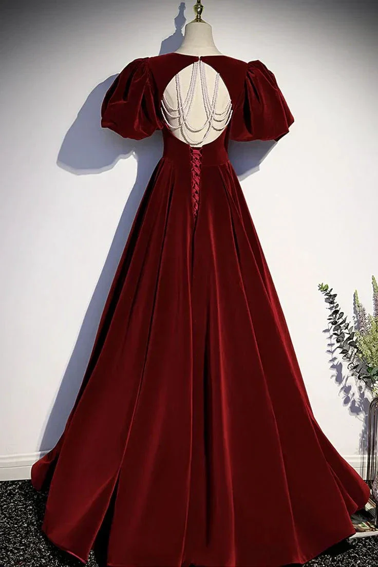Burgundy velvet long prom dress evening dress Y6348 - Image 5