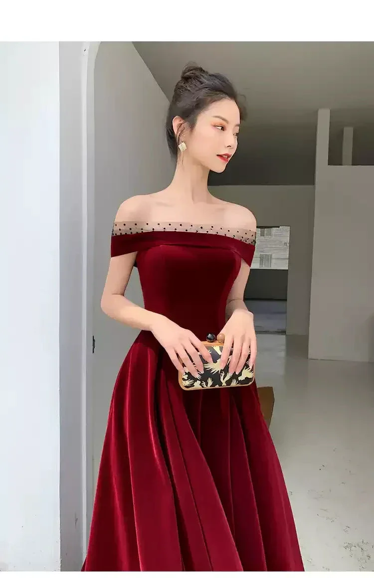 Burgundy Velvet Long Prom Dresses, A-Line Evening Dresses Y1173 - Image 2