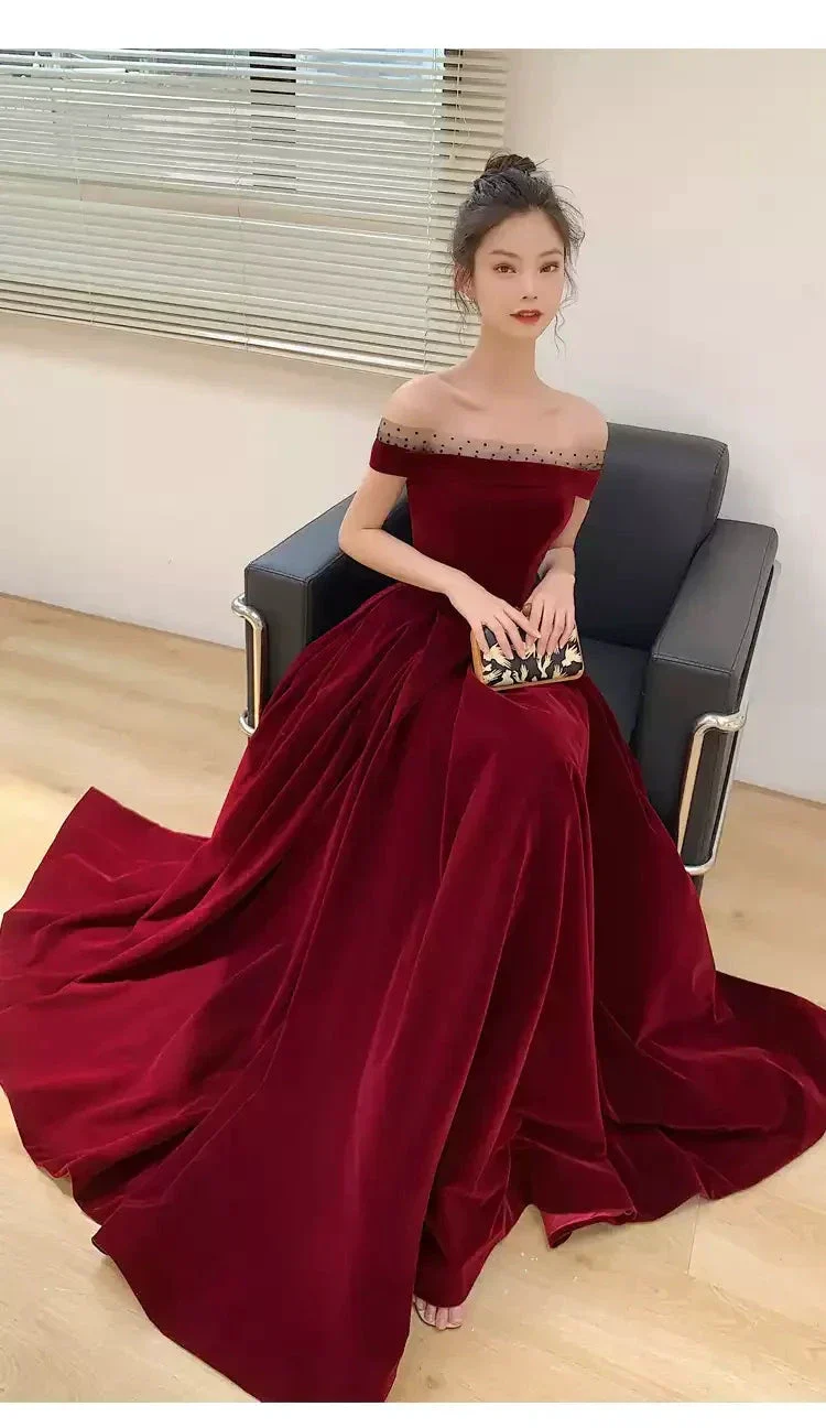 Burgundy Velvet Long Prom Dresses, A-Line Evening Dresses Y1173 - Image 3