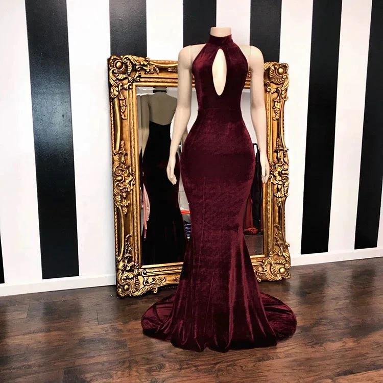 Burgundy Velvet Mermaid Long Evening Gowns - Image 2