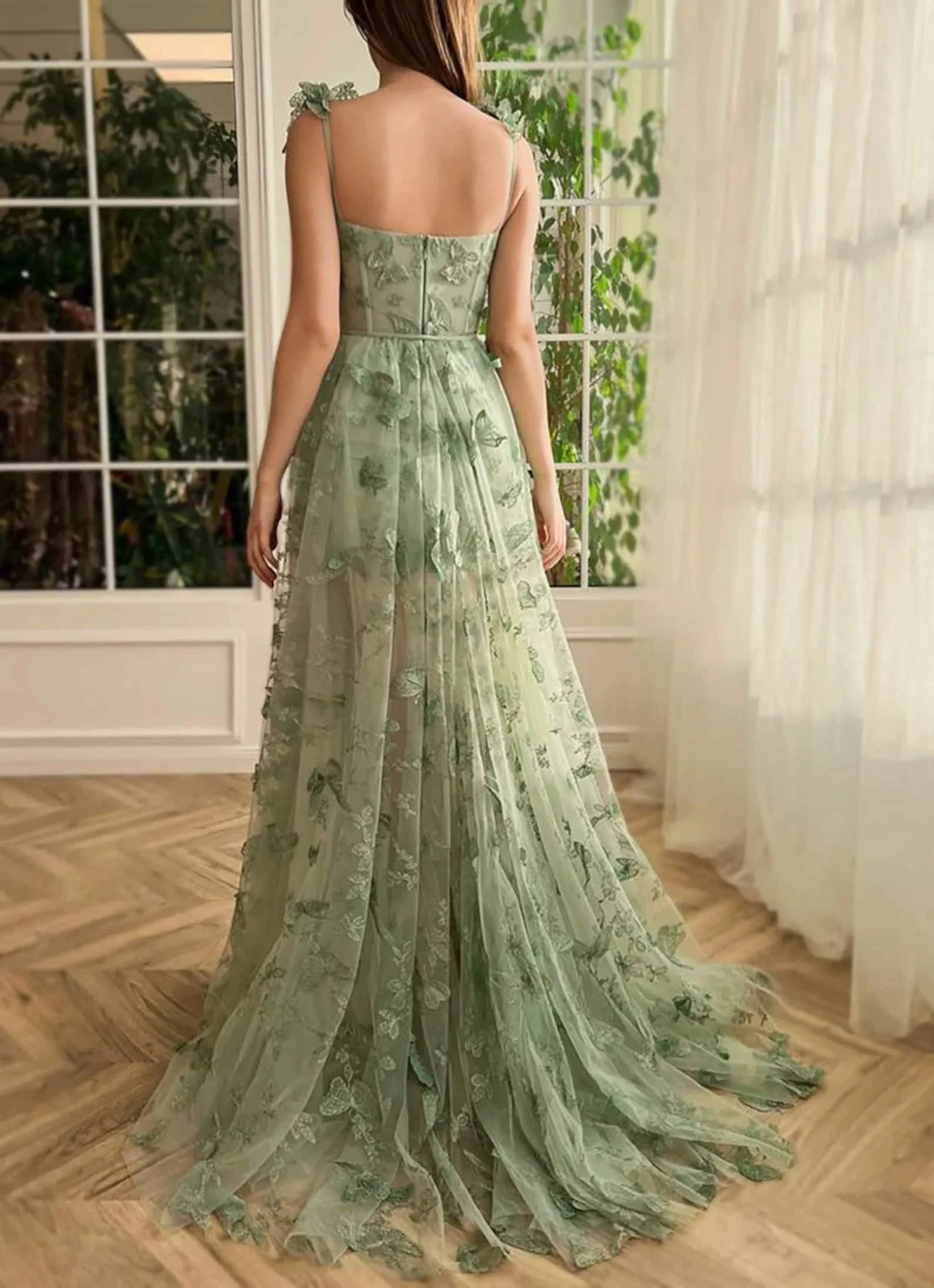 Lydia |A-line Butterfly Lace Lilac Corset Prom Dress with Slit - Image 3