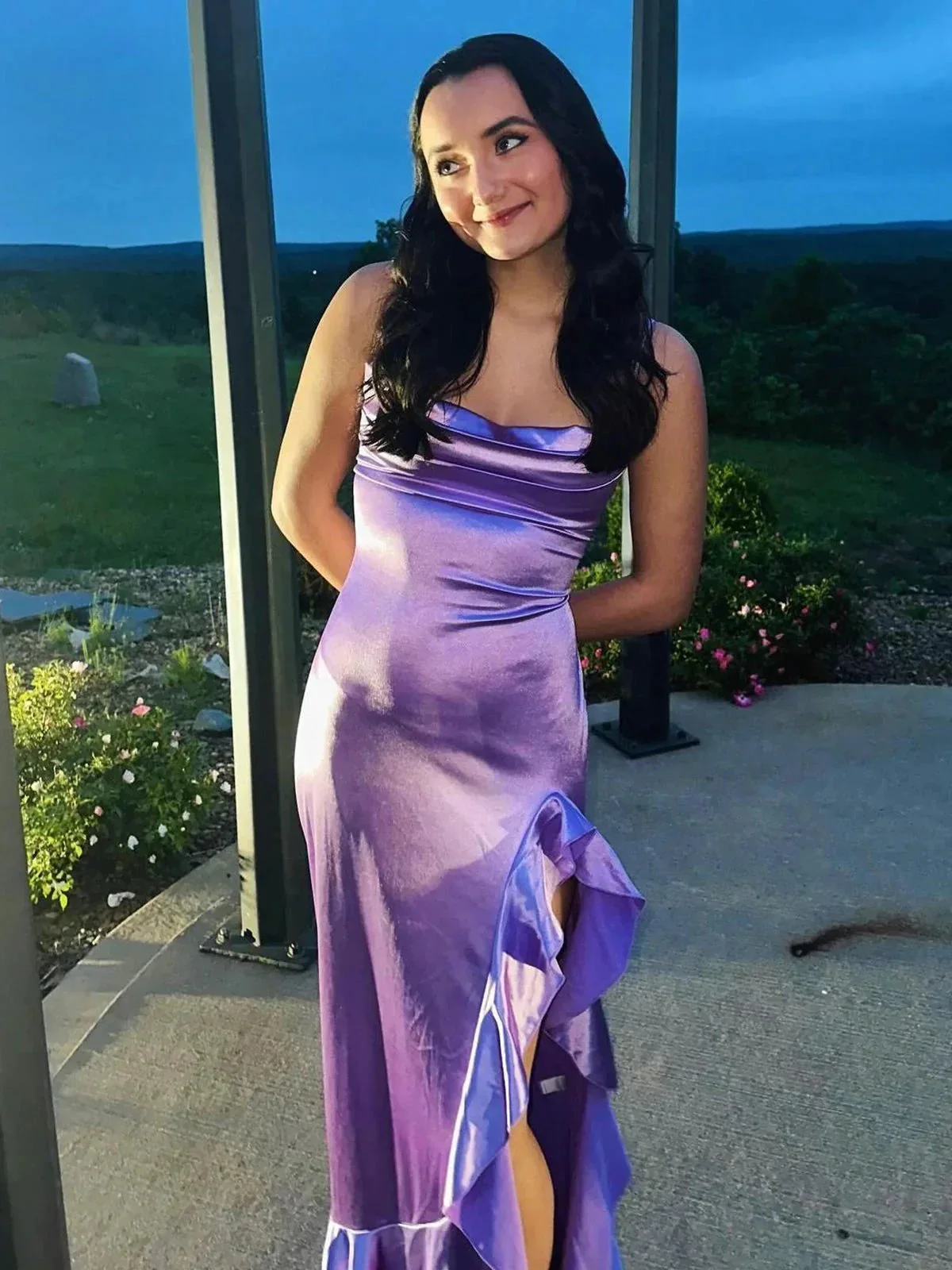 Calivia | Lavender Mermaid Straps Cowl Neck Satin Long Prom Dress - Image 5