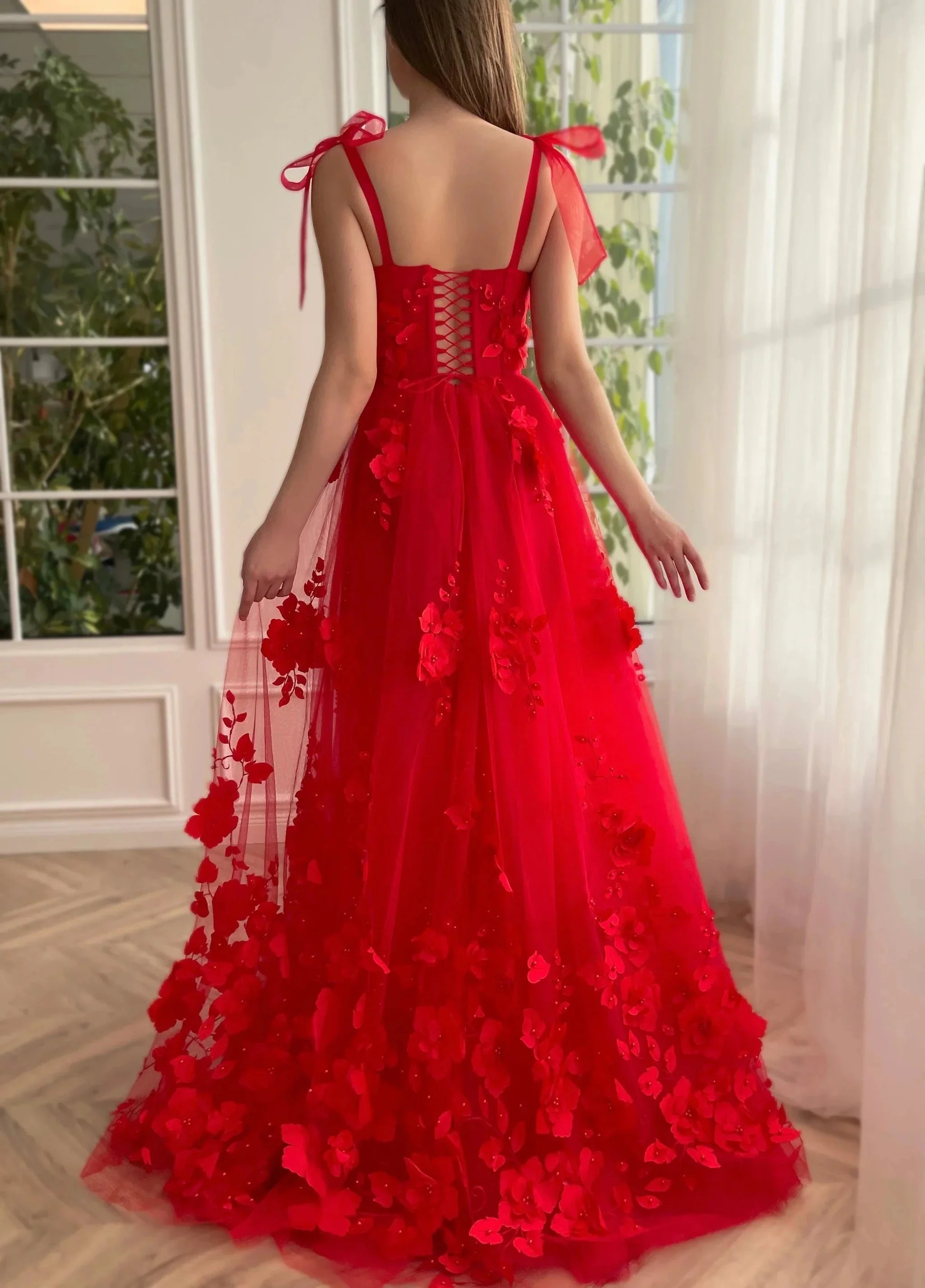 Cameron | Scarlet Lace A-line 3D Flower Long Prom Dress With Slit - Image 3
