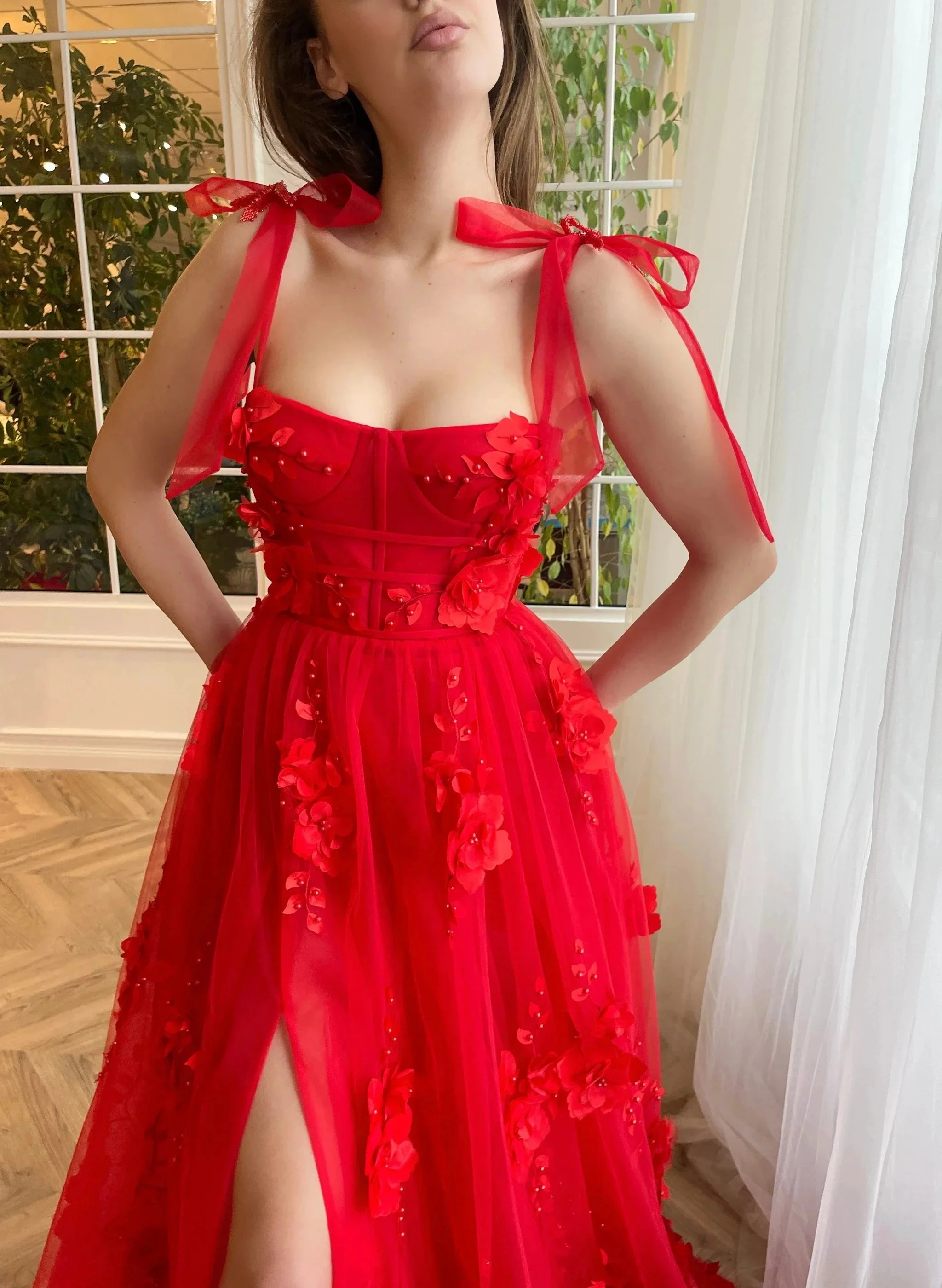 Cameron | Scarlet Lace A-line 3D Flower Long Prom Dress With Slit - Image 4