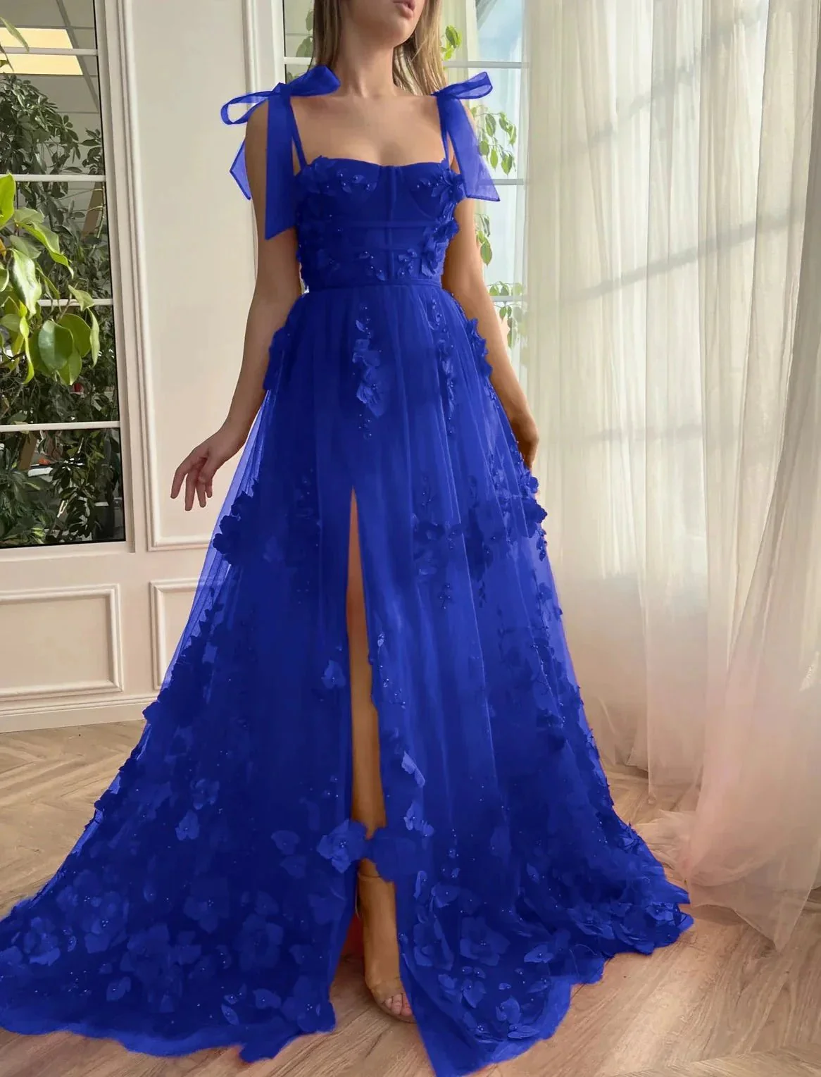 Cameron | Scarlet Lace A-line 3D Flower Long Prom Dress With Slit - Image 7