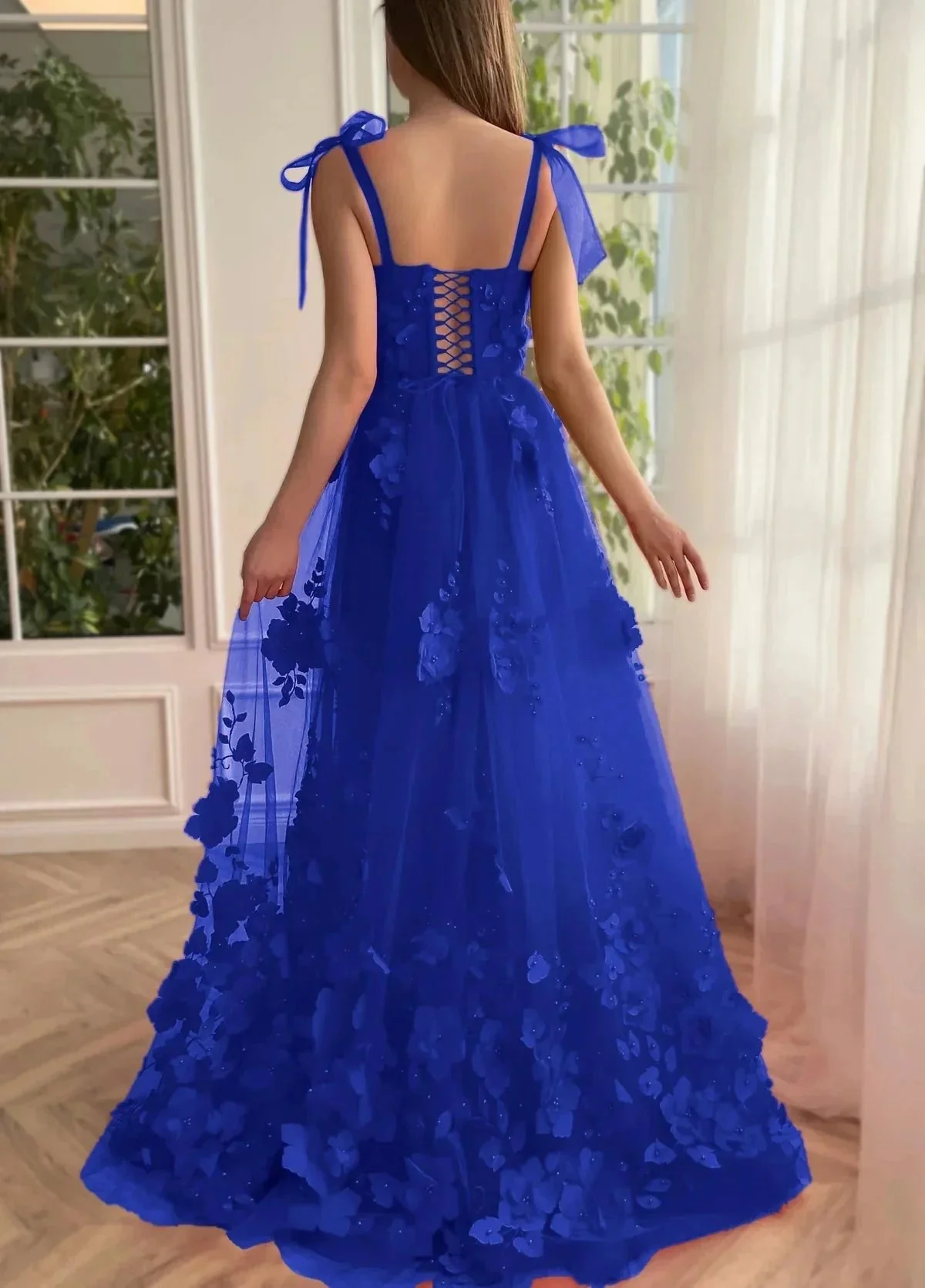 Cameron | Scarlet Lace A-line 3D Flower Long Prom Dress With Slit - Image 8