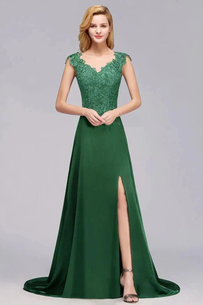 Cap Sleeve aline appliques Bridesmaid Dress Green Side Split Wedding Party Dress with Sweep Train - Image 2