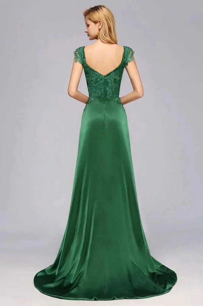 Cap Sleeve aline appliques Bridesmaid Dress Green Side Split Wedding Party Dress with Sweep Train - Image 3