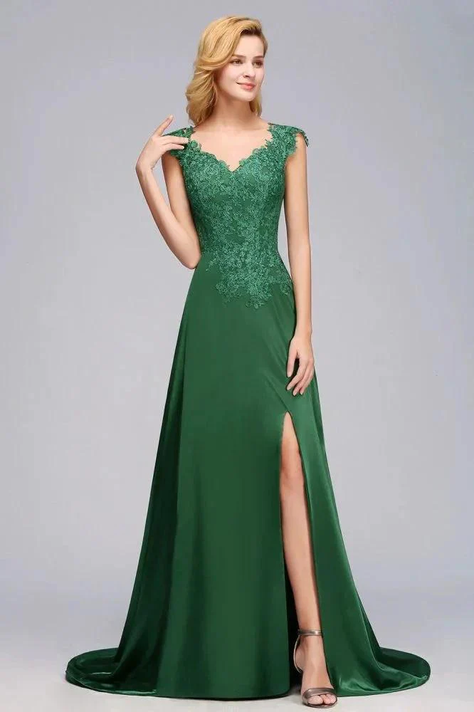 Cap Sleeve aline appliques Bridesmaid Dress Green Side Split Wedding Party Dress with Sweep Train - Image 4