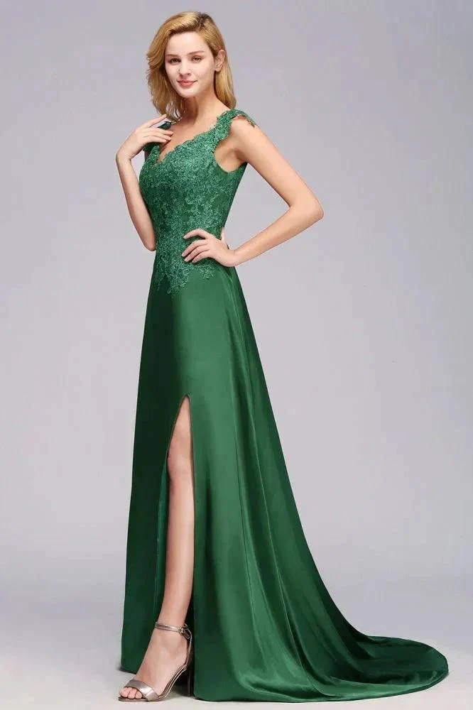 Cap Sleeve aline appliques Bridesmaid Dress Green Side Split Wedding Party Dress with Sweep Train - Image 5