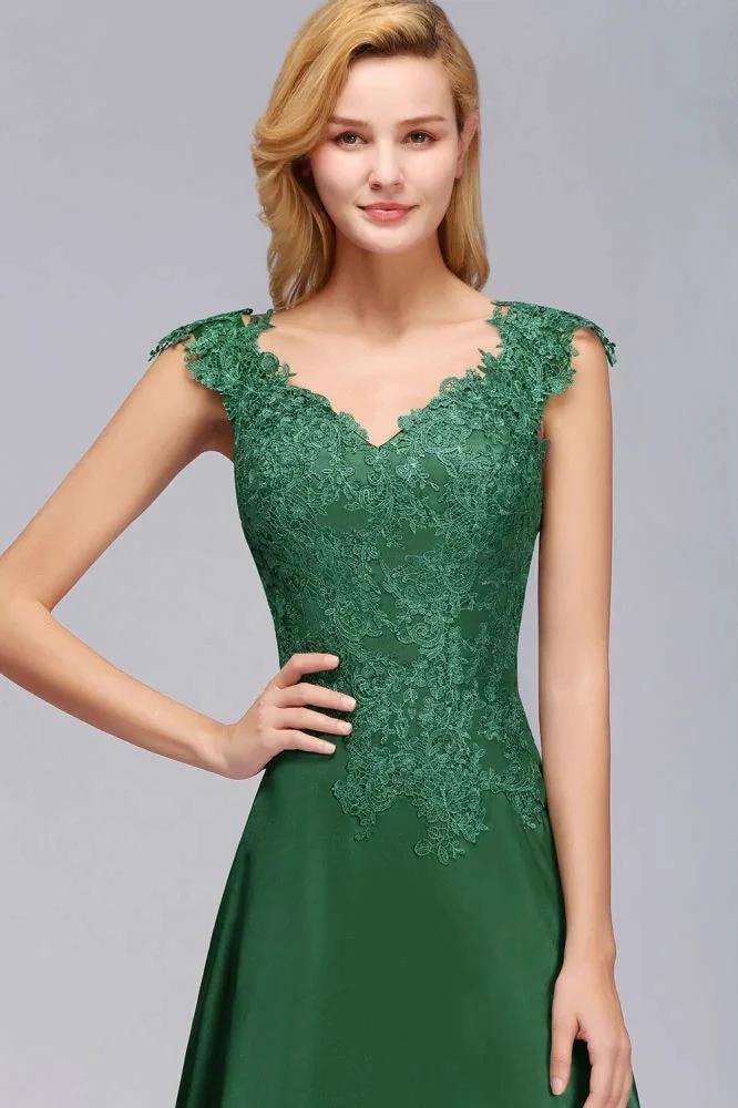 Cap Sleeve aline appliques Bridesmaid Dress Green Side Split Wedding Party Dress with Sweep Train - Image 6
