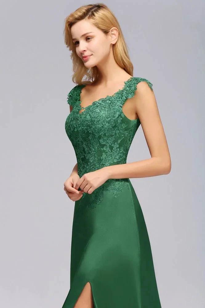 Cap Sleeve aline appliques Bridesmaid Dress Green Side Split Wedding Party Dress with Sweep Train - Image 7