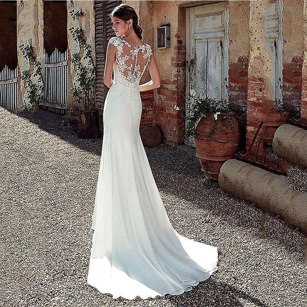 Cap Sleeve Appliques Lace Sheath Wedding Dress  Illusion Bohemian Bridal Gowns Beach Satin Vestido De Novia - Image 2
