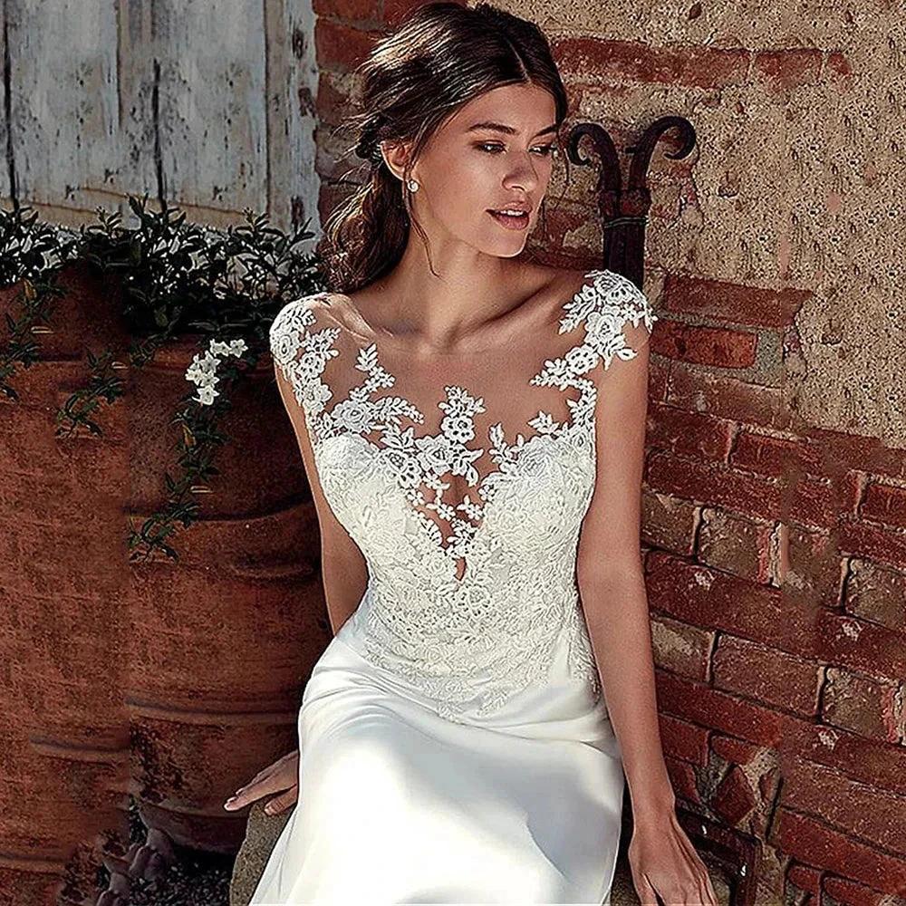 Cap Sleeve Appliques Lace Sheath Wedding Dress  Illusion Bohemian Bridal Gowns Beach Satin Vestido De Novia - Image 3