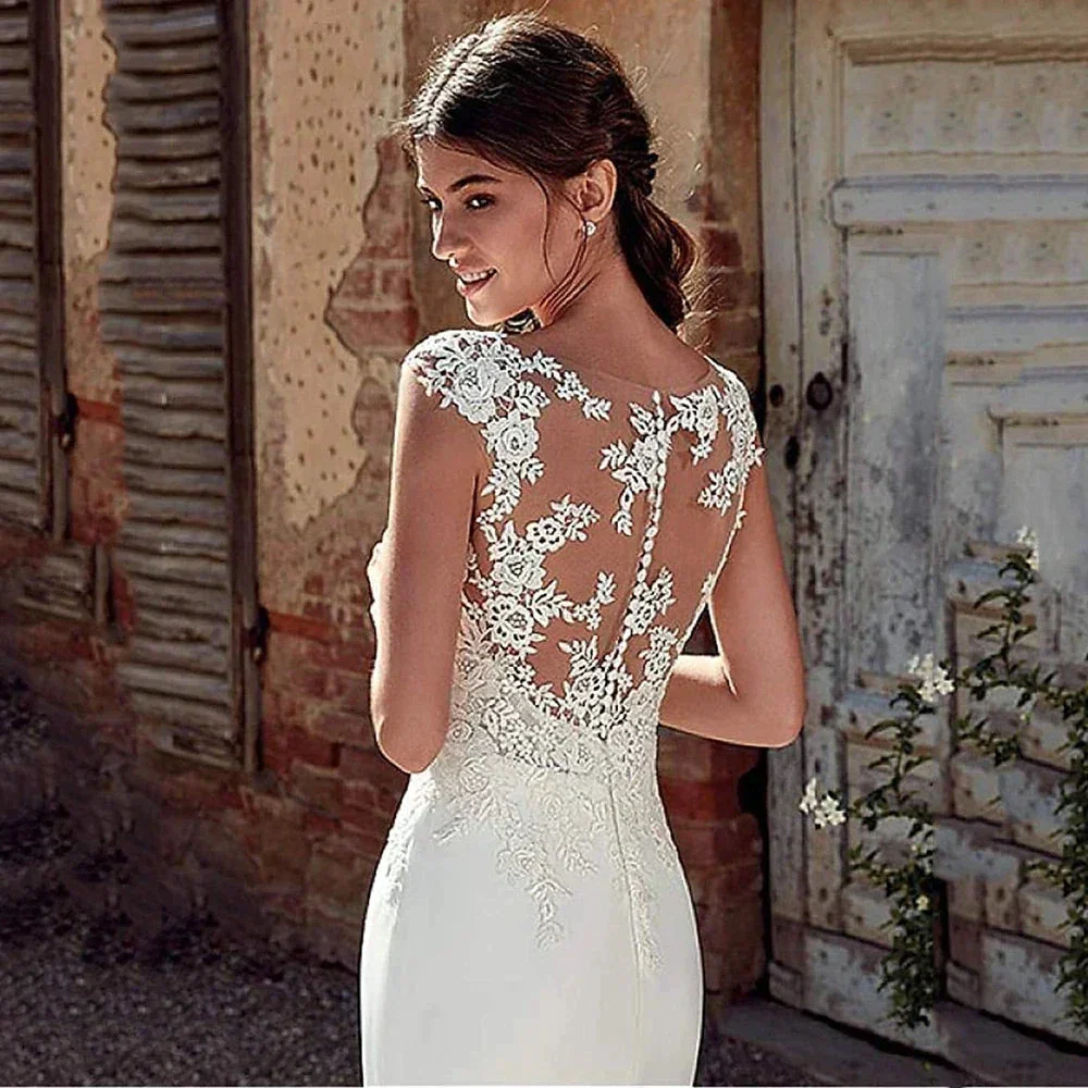 Cap Sleeve Appliques Lace Sheath Wedding Dress  Illusion Bohemian Bridal Gowns Beach Satin Vestido De Novia - Image 4