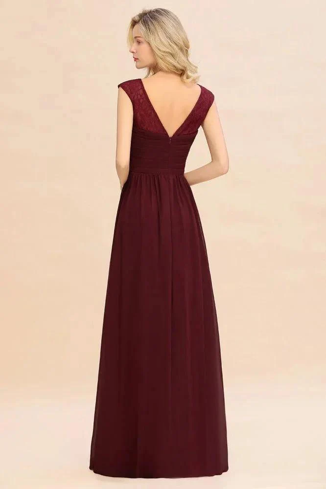 Cap Sleeve Burgundy Evening Maxi Gown Chiffon Floor Length Bridesmaid Dress - Image 2