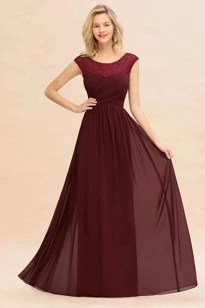 Cap Sleeve Burgundy Evening Maxi Gown Chiffon Floor Length Bridesmaid Dress - Image 3