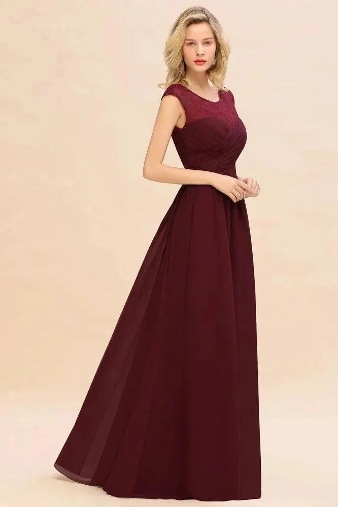 Cap Sleeve Burgundy Evening Maxi Gown Chiffon Floor Length Bridesmaid Dress - Image 4