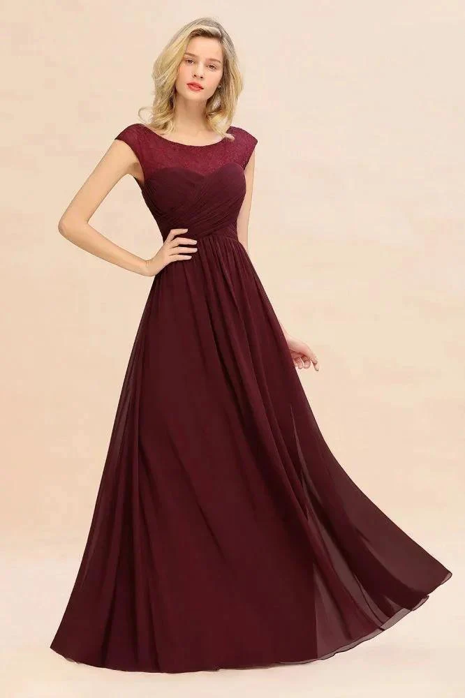 Cap Sleeve Burgundy Evening Maxi Gown Chiffon Floor Length Bridesmaid Dress - Image 5