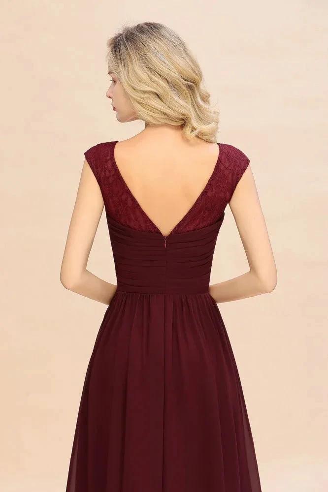 Cap Sleeve Burgundy Evening Maxi Gown Chiffon Floor Length Bridesmaid Dress - Image 6