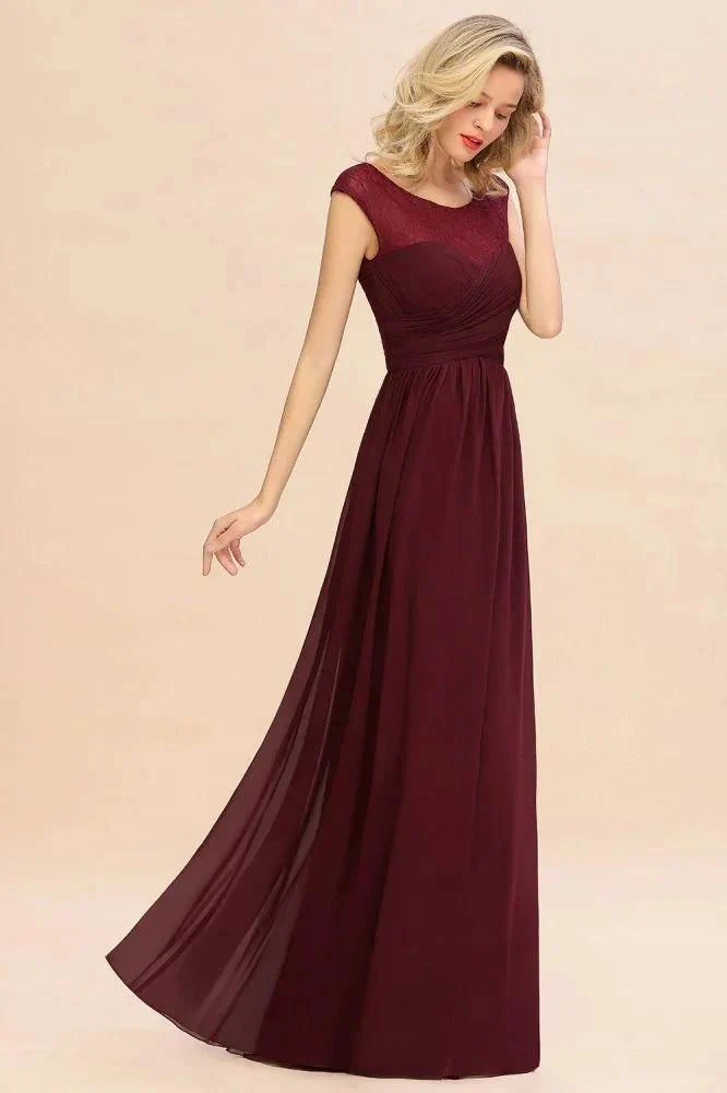 Cap Sleeve Burgundy Evening Maxi Gown Chiffon Floor Length Bridesmaid Dress - Image 7