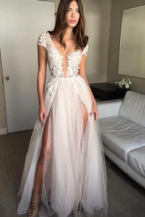 Cap Sleeve Deep V-neck Prom Dress With Appliques Sexy Split Wedding Dresses PG902 - Image 2