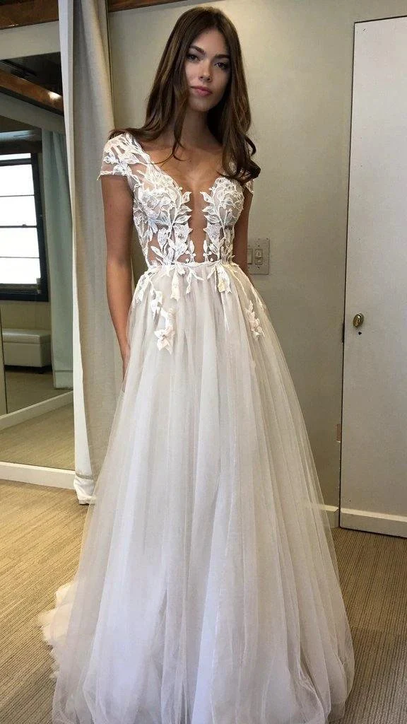 Cap Sleeve Deep V-neck Prom Dress With Appliques Sexy Split Wedding Dresses PG902 - Image 3