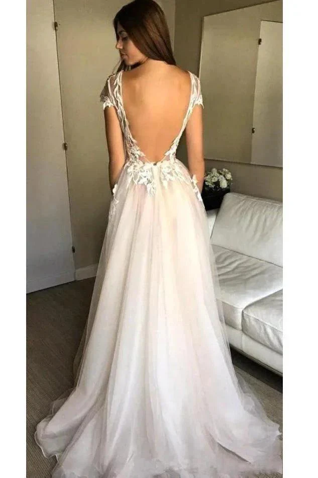 Cap Sleeve Deep V-neck Prom Dress With Appliques Sexy Split Wedding Dresses PG902 - Image 4