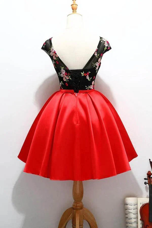 Cap Sleeve Red and Black Cute Homecoming Short Prom Dresses PD218 - Image 2