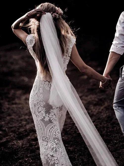 Cap Sleeve Sheath Boho Wedding Dresses Vintage Lace Rustic Wedding Dress MW314 - Image 2