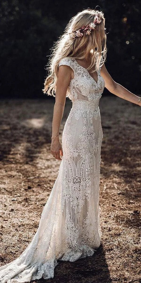 Cap Sleeve Sheath Boho Wedding Dresses Vintage Lace Rustic Wedding Dress MW314 - Image 3
