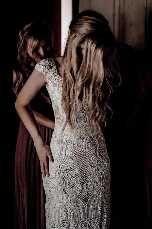Cap Sleeve Sheath Boho Wedding Dresses Vintage Lace Rustic Wedding Dress MW314 - Image 5