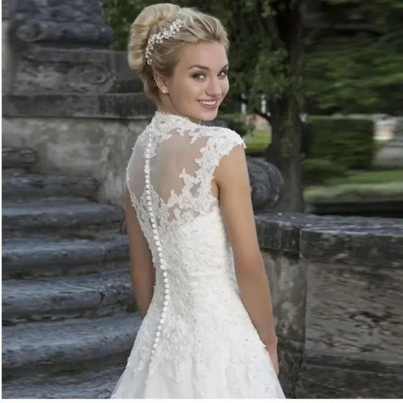 Cap Sleeve Wedding Dresses Amazing Neck Vestidos De Novia Appliques Vestido De Noiva Lace Robe De Mariée - Image 2