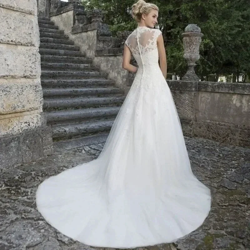 Cap Sleeve Wedding Dresses Amazing Neck Vestidos De Novia Appliques Vestido De Noiva Lace Robe De Mariée - Image 3
