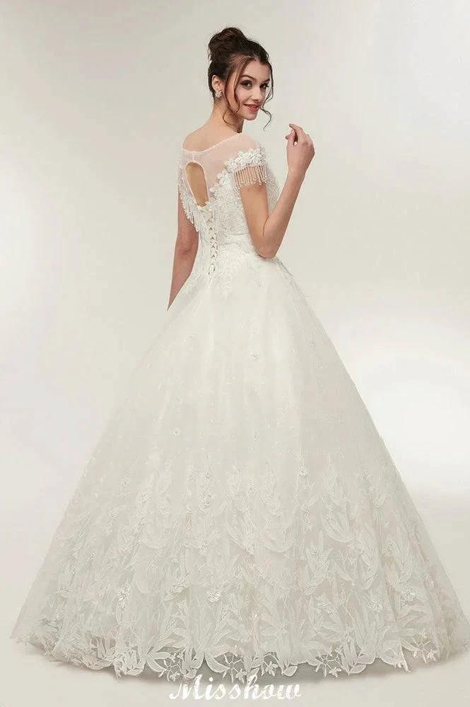 Cap Sleeves A-line Scoop Floor Length Lace Appliques Wedding Dresses - Image 10